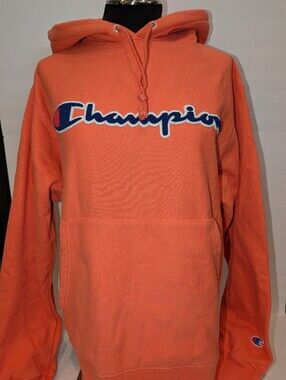 Champion Logo Script Reverse Weave Hoodie Sweatshirt, Orange, Size Medium